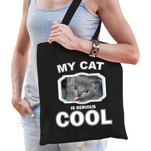 Grijze kat katten tasje zwart volwassenen en kinderen - my cat serious is cool kado boodschappentasj