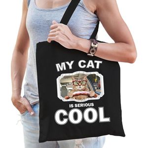 Rode rijdende kat katten tasje zwart volwassenen en kinderen - my cat serious is cool kado boodschap - Feest Boodschappentassen