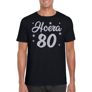 Hoera verjaardag cadeau t-shirt - zilver glitter op zwart - heren - cadeau shirt