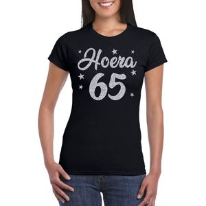 Hoera verjaardag cadeau t-shirt - zilver glitter op zwart - dames - cadeau shirt