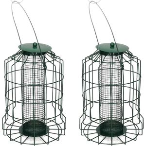 2x Stuks vogel mezenbol/vetbol silo metaal voor mezen groen 26 cm- Voor mussen/mezen kleine vogeltjes - Winter vogelvoer huisjes