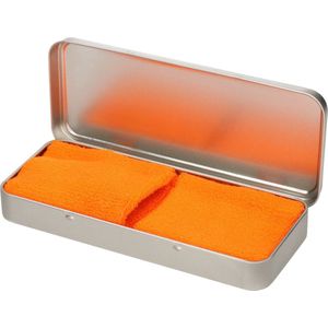 2x stuks oranje sport zweetbandjes in metalen opslag/bewaar doosje - Zweetbanden