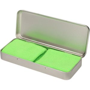 2x stuks lime groene sport zweetbandjes in metalen opslag/bewaar doosje - sport artikelen