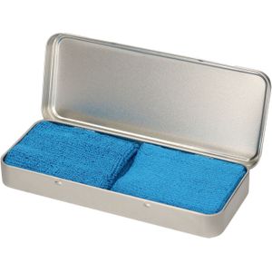 2x stuks aqua blauwe sport zweetbandjes in metalen opslag/bewaar doosje - sport artikelen