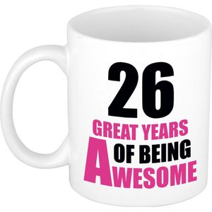 26 great years of being awesome mok wit en roze - cadeau mok / beker - 29e verjaardag / 26 jaar