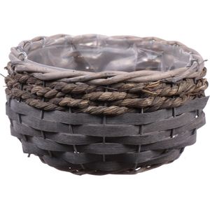 Bloempot/plantenbak handgemaakt riet/rotan mand grijs 26 x 15 cm - Plantenpotten