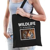 Dieren tijger foto tas katoen volw + kind zwart - wildlife of the world - kado boodschappentas/ gymtas / sporttas - tijgers