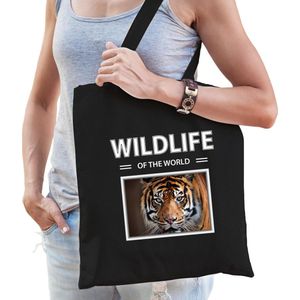 Dieren tijger foto tas katoen volw + kind zwart - wildlife of the world - kado boodschappentas/ gymtas / sporttas - tijgers