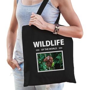 Dieren Orang oetan aap foto tas katoen volw + kind zwart - wildlife of the world - kado boodschappentas/ gymtas / sporttas - Orang oetans