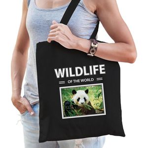 Dieren Panda foto tas katoen volw + kind zwart - wildlife of the world - kado boodschappentas/ gymtas / sporttas - Pandas