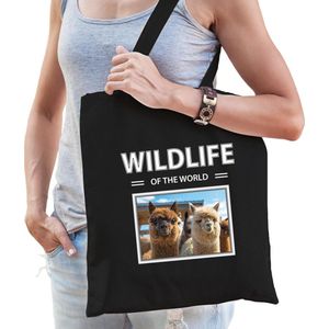 Dieren Alpaca foto tas katoen volw + kind zwart - wildlife of the world - kado boodschappentas/ gymtas / sporttas - Alpaca's