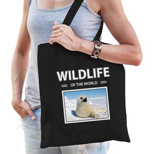 Zeehond tasje zwart volwassenen en kinderen - wildlife of the world kado boodschappen tas - Feest Boodschappentassen