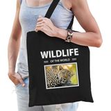 Dieren Luipaard foto tas katoen volw + kind zwart - wildlife of the world - kado boodschappentas/ gymtas / sporttas - Luipaarden