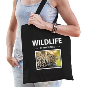 Dieren Luipaard foto tas katoen volw + kind zwart - wildlife of the world - kado boodschappentas/ gymtas / sporttas - Luipaarden