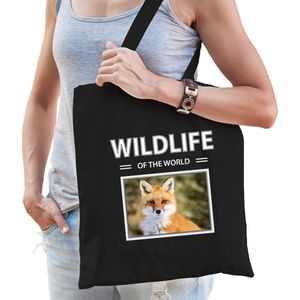Dieren Vos foto tas katoen volw + kind zwart - wildlife of the world - kado boodschappentas/ gymtas / sporttas - Vossen