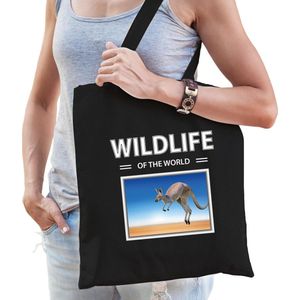 Dieren Kangoeroe foto tas katoen volw + kind zwart - wildlife of the world - kado boodschappentas/ gymtas / sporttas - Kangoeroes