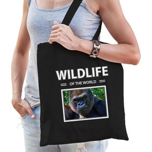 Dieren Aap foto tas katoen volw + kind zwart - wildlife of the world - kado boodschappentas/ gymtas / sporttas - Gorilla apen