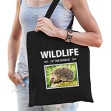 Dieren Egel foto tas katoen volw + kind zwart - wildlife of the world - kado boodschappentas/ gymtas / sporttas - Egels