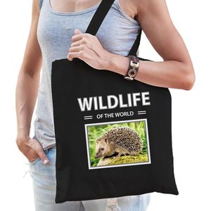 Dieren Egel foto tas katoen volw + kind zwart - wildlife of the world - kado boodschappentas/ gymtas / sporttas - Egels