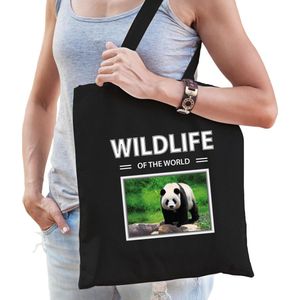 Dieren Panda foto tas katoen volw + kind zwart - wildlife of the world - kado boodschappentas/ gymtas / sporttas - Pandabeer