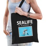 Dieren dolfijn foto tas katoen volw + kind zwart - sealife of the world - kado boodschappentas/ gymtas / sporttas - dolfijnen