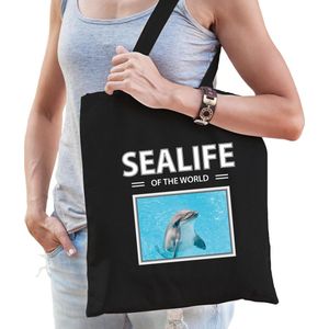 Dieren dolfijn foto tas katoen volw + kind zwart - sealife of the world - kado boodschappentas/ gymtas / sporttas - dolfijnen