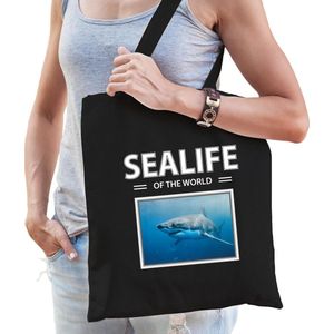Dieren Haaien foto tas katoen volw + kind zwart - sealife of the world - kado boodschappentas/ gymtas / sporttas - Haai