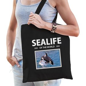 Dieren Orkas foto tas katoen volw + kind zwart - sealife of the world - kado boodschappentas/ gymtas / sporttas - Orka