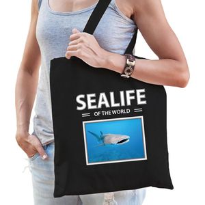 Dieren Haaien foto tas katoen volw + kind zwart - sealife of the world - kado boodschappentas/ gymtas / sporttas - Tijgerhaai