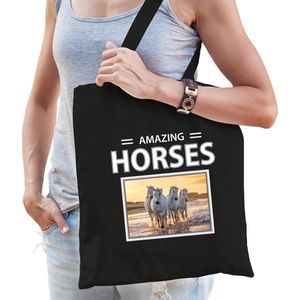 Dieren wit paard foto tas katoen volw + kind zwart - amazing horses - kado boodschappentas/ gymtas / sporttas - Witte paarden