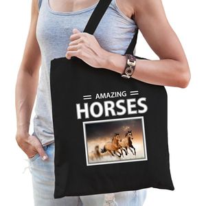 Bruine paarden tasje zwart volwassenen en kinderen - amazing horses kado boodschappen tas