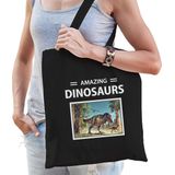 Dieren T-rex dino foto tas katoen volw + kind zwart - amazing dinosaurs - kado boodschappentas/ gymtas / sporttas - T-rex dinosaurus