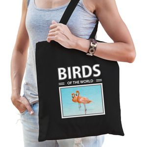 Flamingo tasje zwart volwassenen en kinderen - birds of the world kado boodschappen tas - Feest Boodschappentassen