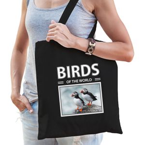 Dieren Papegaaiduiker vogel foto tas katoen volw + kind zwart - birds of the world - kado boodschappentas/ gymtas / sporttas