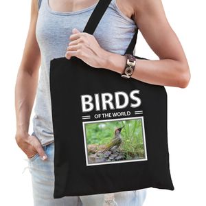 Groene specht vogel tasje zwart volwassenen en kinderen - birds of the world kado boodschappen tas - Feest Boodschappentassen