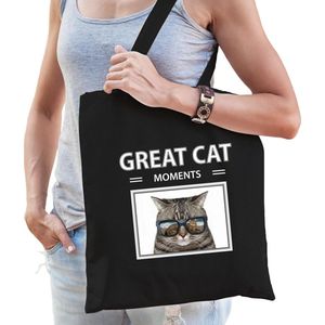 Grijze katten tasje zwart volwassenen en kinderen - great cat moments kado boodschappen tas - Feest Boodschappentassen