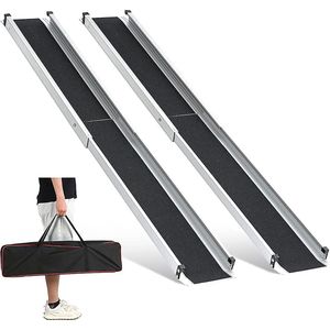 Oprijplaat Brug - 2 Stuks - Uitschuifbaar - ruim 400Kg - tot max 152cm - Rolstoelhellingen voor trappen - MAX 272 kg per stuk - telescopisch draagbaar met opbergtas - antislip oppervlak Rolstoelhelling voor thuis - trappen (2 stuks)