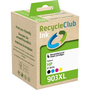 RecycleClub inktcartridge - Inktpatroon - Geschikt voor HP - Alternatief voor HP 903XL Zwart 30ml en Cyan Blauw 12ml Magenta Rood 12ml Yellow Geel 12ml - 4-pack