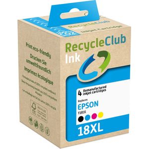 RecycleClub inktcartridge - Inktpatroon - Geschikt voor Epson - Alternatief voor Epson T1815 T1816 18XL - Zwart 12ml Cyaan Blauw 11ml Magenta Rood 11ml Yellow Geel 11ml - Multipack - 4 stuks - Madeliefje
