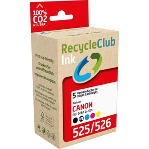 RecycleClub inktcartridge - Inktpatroon - Geschikt voor Canon - Alternatief voor Canon PGi-525 Zwart 19ml en CLi-526 Fotozwart 9ml Cyaan Blauw 9ml Magenta Rood 9ml Yellow Geel 9ml - Multipack - 5 stuks