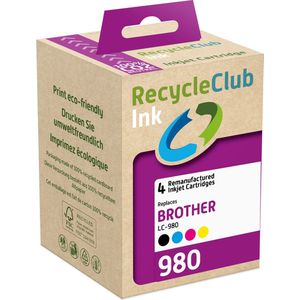 RecycleClub inktcartridge - Inktpatroon - Geschikt voor Brother - Alternatief voor Brother LC-980 Zwart 14ml Cyan Blauw 9ml Magenta Rood 9ml Yellow Geel 9ml - Multipack - 4-pack