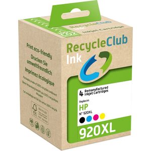 RecycleClub inktcartridge - Inktpatroon - Geschikt voor HP - Alternatief voor HP 920XL Zwart 48ml en Cyan Blauw 12ml Magenta Rood 12ml Yellow Geel 12ml - 4-pack