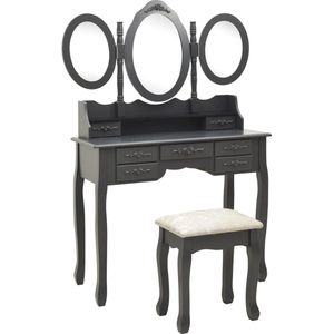 vidaXL - Kaptafel - met - kruk - en - drievoudige - spiegel - grijs