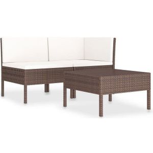 vidaXL - 3-delige - Loungeset - met - kussens - poly - rattan - bruin