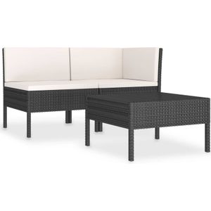 vidaXL 3-delige Loungeset met kussens poly rattan zwart