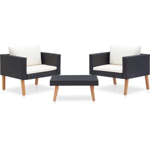 vidaXL 3-delige Loungeset met kussens poly rattan zwart - 310218