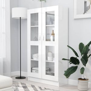 Vitrinekast - Hoogglans Wit - Bewerkt Hout en Glas - 4 Vakken en 2 Deuren
