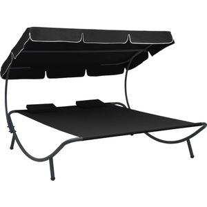 vidaXL Loungebed met luifel en kussens zwart - 313521