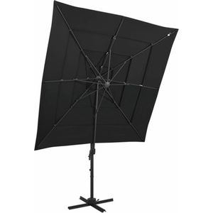 <p>Deze 4-laagse parasol is de perfecte keuze om je te beschermen tegen schadelijke uv-straling en vochtigheid in je tuin, op je terras of op je patio. Het parasoldoek is gemaakt van uv-beschermend en anti-vervagend polyester, waardoor het je optimale bescherming tegen de zon biedt.</p>
<p>De gepoedercoat aluminium paal en baleinen zorgen voor stabiliteit. Dankzij de handslinger en het kantelmechanisme is de parasol inklapbaar en draagbaar. Hij kan worden gemonteerd op een bestaande standaard of in het midden van de tafel als hij een parasolgat heeft.</p>
<ul>
  <li>Kleur: zwart</li>
  <li>Materiaal: polyester en gepoedercoat aluminium</li>
  <li>Totale afmetingen: 250 x 250 x 246 cm (B x D x H)</li>
  <li>Afmetingen kruisvoet: 100 x 100 cm (L x B)</li>
  <li>Met 8 aluminium baleinen</li>
</ul>