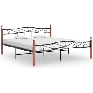 vidaXL-Bedframe-metaal-en-massief-eikenhout-zwart-180x200-cm